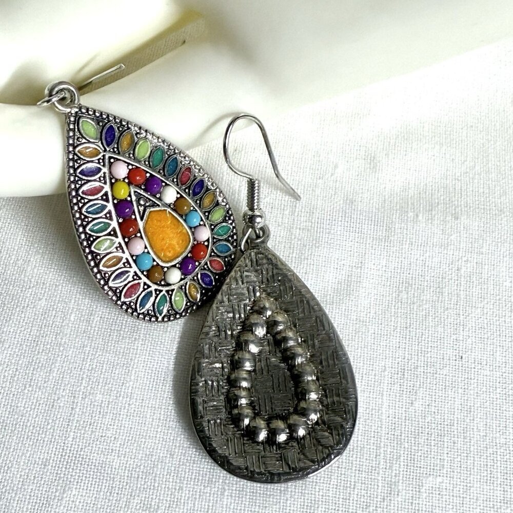 Vintage Mosaic Teardrop Dangle Earrings Multicolor Enamel - Picture 4 of 8